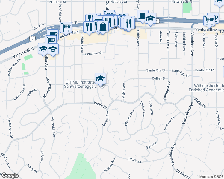 map of restaurants, bars, coffee shops, grocery stores, and more near 5215 Bothwell Road in Los Angeles