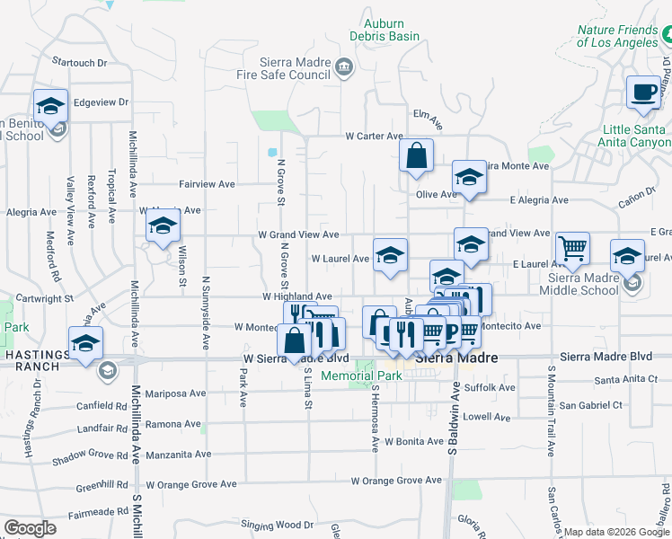 map of restaurants, bars, coffee shops, grocery stores, and more near 274 West Laurel Avenue in Sierra Madre