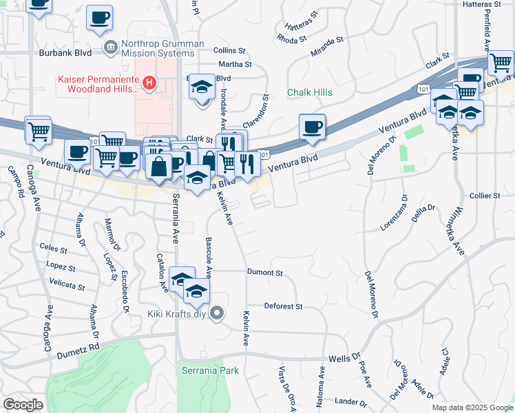 map of restaurants, bars, coffee shops, grocery stores, and more near 5210 Premiere Hills Circle in Los Angeles