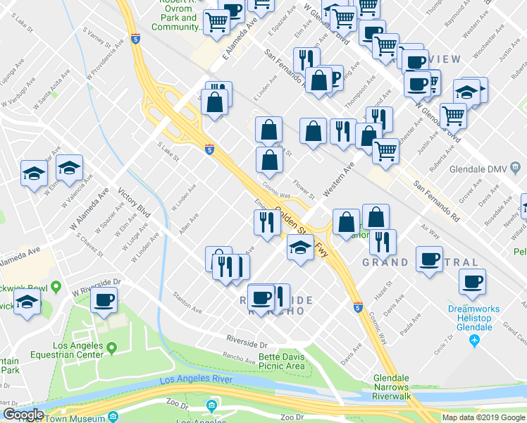 map of restaurants, bars, coffee shops, grocery stores, and more near 522 Thompson Avenue in Glendale
