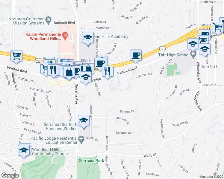map of restaurants, bars, coffee shops, grocery stores, and more near 20720 Ventura Boulevard in Los Angeles