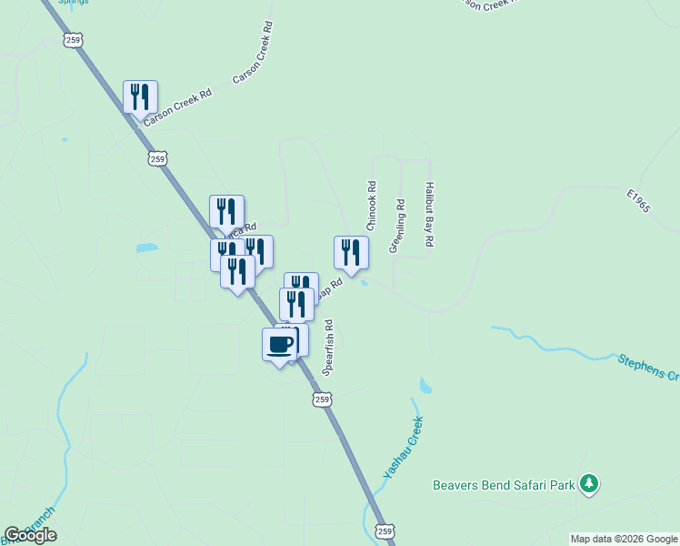 map of restaurants, bars, coffee shops, grocery stores, and more near 196 Stevens Gap Road in Broken Bow