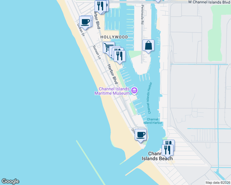map of restaurants, bars, coffee shops, grocery stores, and more near 3525 Sunset Lane in Oxnard