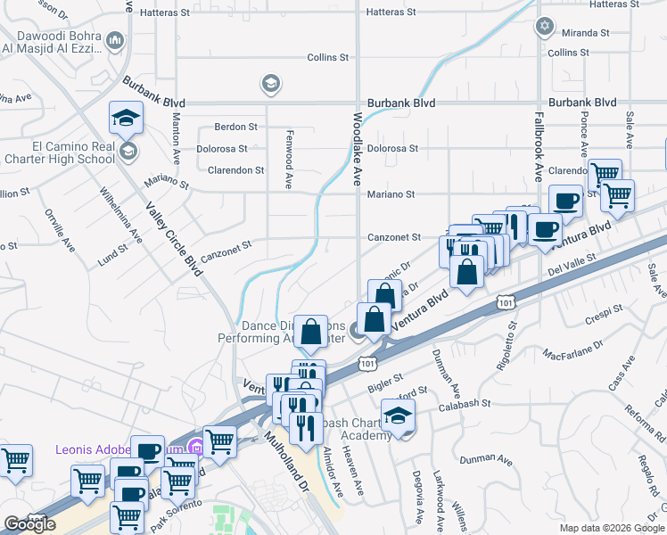 map of restaurants, bars, coffee shops, grocery stores, and more near 23245 Gonzales Drive in Los Angeles