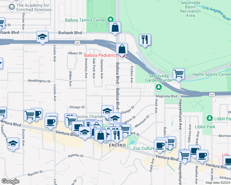 map of restaurants, bars, coffee shops, grocery stores, and more near in Los Angeles
