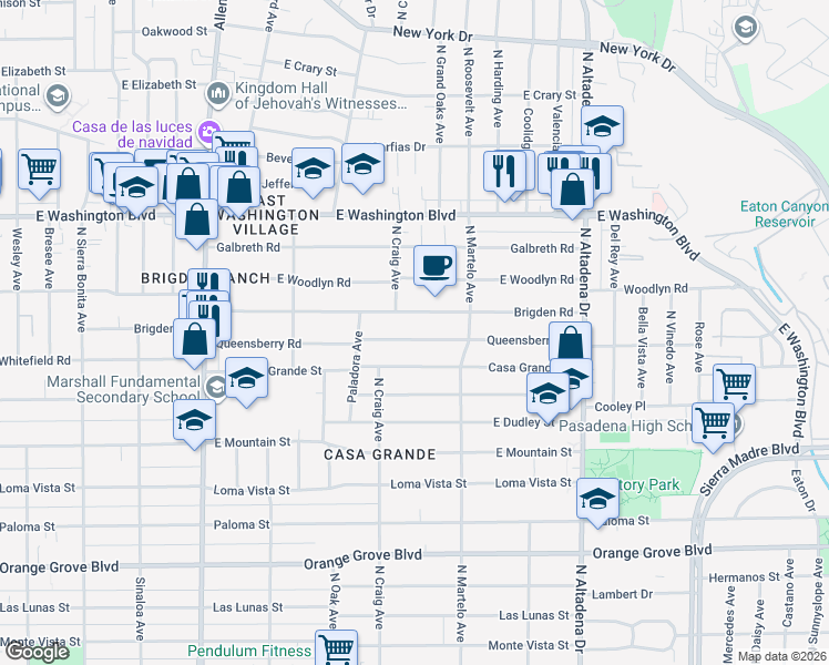 map of restaurants, bars, coffee shops, grocery stores, and more near 2185 Queensberry Road in Pasadena