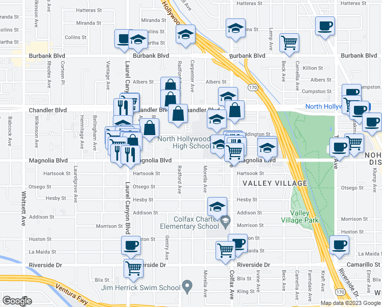 map of restaurants, bars, coffee shops, grocery stores, and more near 11815 West Magnolia Boulevard in Los Angeles