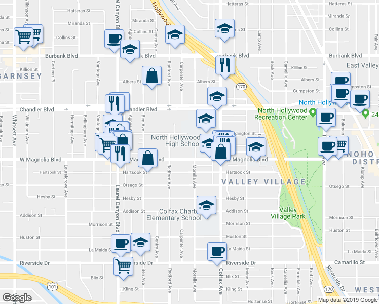 map of restaurants, bars, coffee shops, grocery stores, and more near 11815 Magnolia Blvd in Valley Village