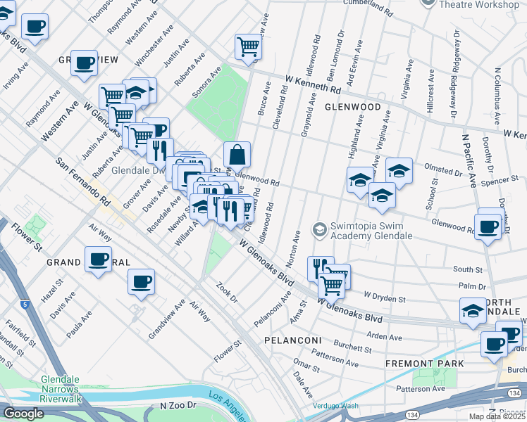 map of restaurants, bars, coffee shops, grocery stores, and more near 1221 Idlewood Road in Glendale