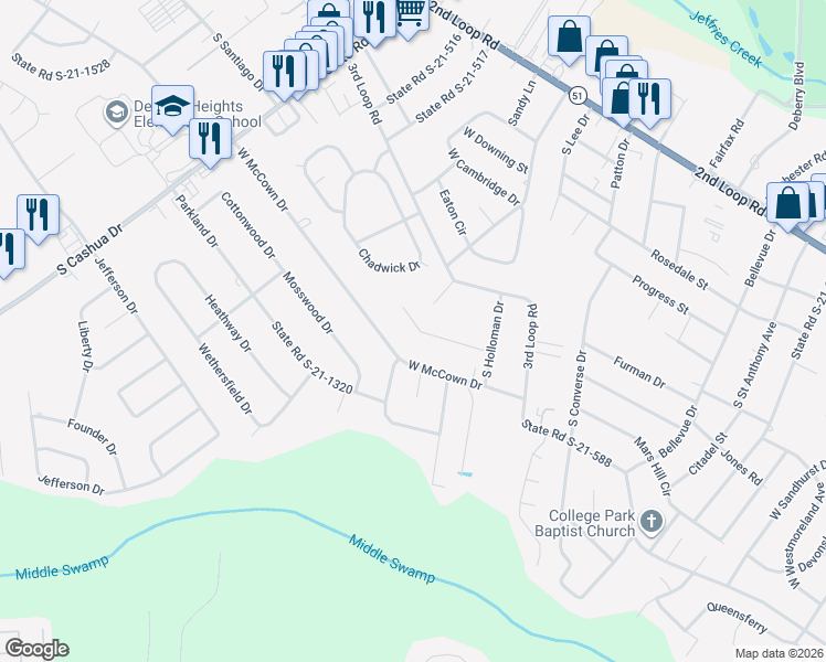 map of restaurants, bars, coffee shops, grocery stores, and more near 2136 Warner Street in Florence