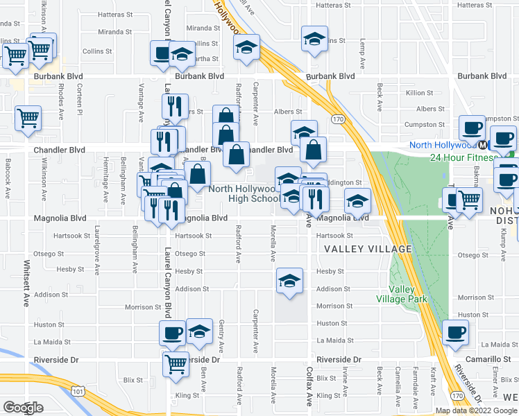 map of restaurants, bars, coffee shops, grocery stores, and more near 11825 Magnolia Blvd in Valley Village