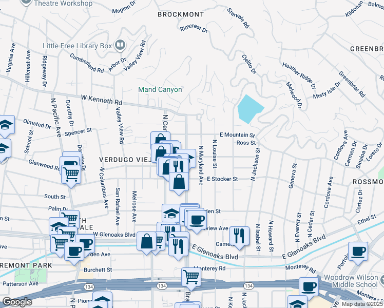 map of restaurants, bars, coffee shops, grocery stores, and more near 101 East Randolph Street in Glendale