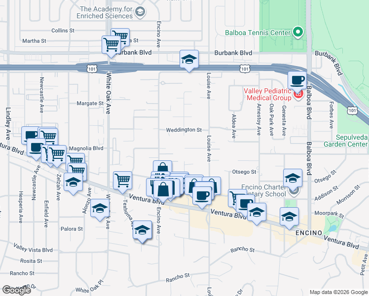 map of restaurants, bars, coffee shops, grocery stores, and more near 17937 Magnolia Boulevard in Los Angeles