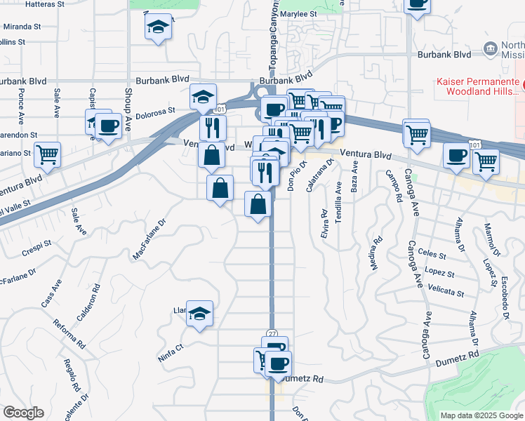 map of restaurants, bars, coffee shops, grocery stores, and more near 22011 Crespi Street in Los Angeles