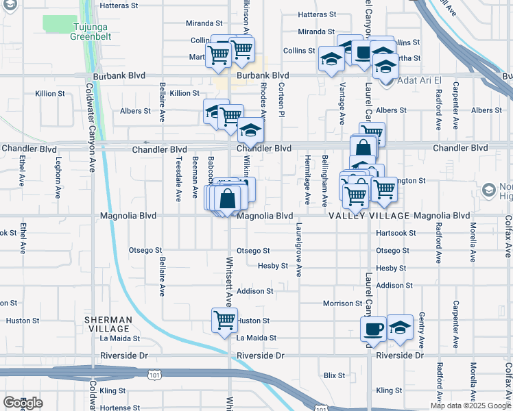 map of restaurants, bars, coffee shops, grocery stores, and more near 5222 Wilkinson Avenue in Los Angeles