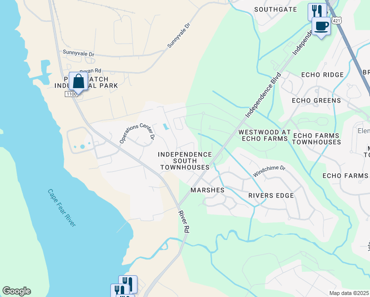 map of restaurants, bars, coffee shops, grocery stores, and more near 323 Hibiscus Way in Wilmington