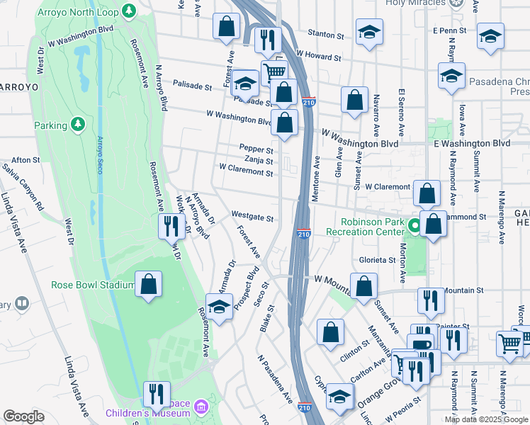 map of restaurants, bars, coffee shops, grocery stores, and more near 505 Westgate Street in Pasadena