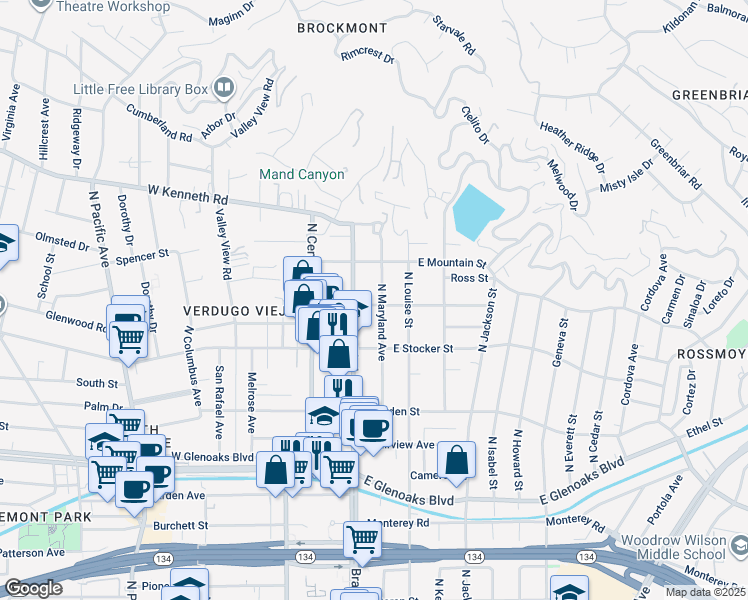 map of restaurants, bars, coffee shops, grocery stores, and more near 1301 North Maryland Avenue in Glendale