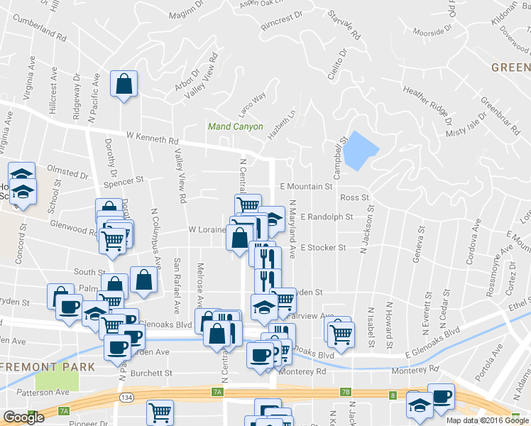 map of restaurants, bars, coffee shops, grocery stores, and more near 1303 North Brand Boulevard in Glendale