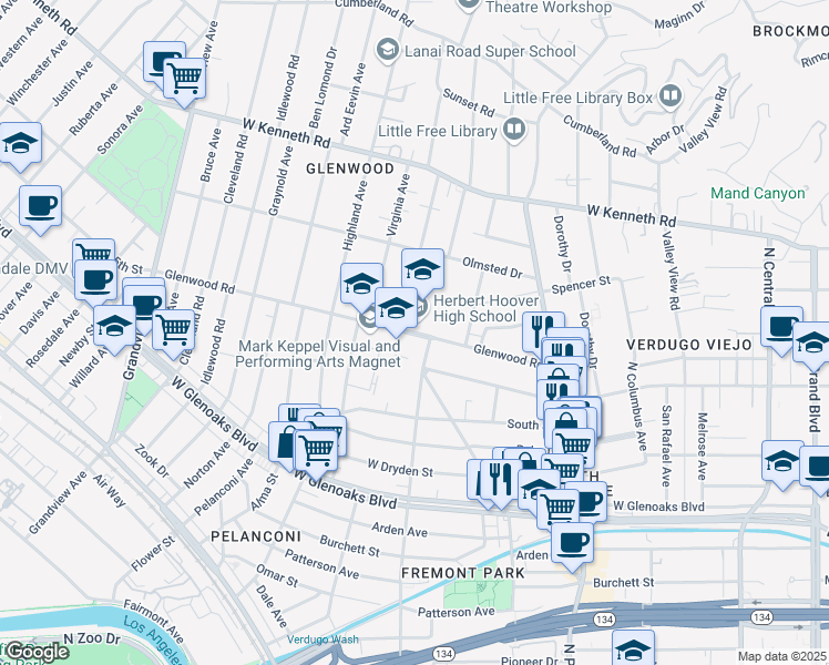 map of restaurants, bars, coffee shops, grocery stores, and more near 663 Glenwood Road in Glendale