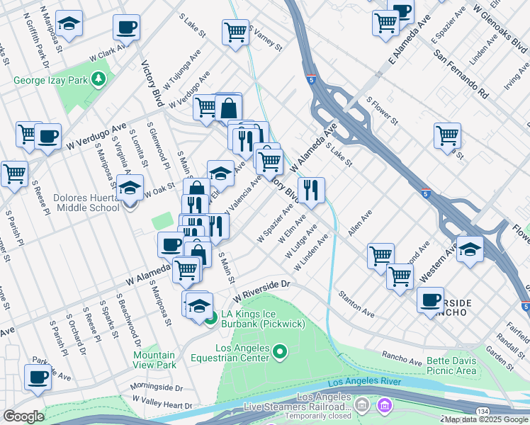 map of restaurants, bars, coffee shops, grocery stores, and more near 353 West Alameda Avenue in Burbank