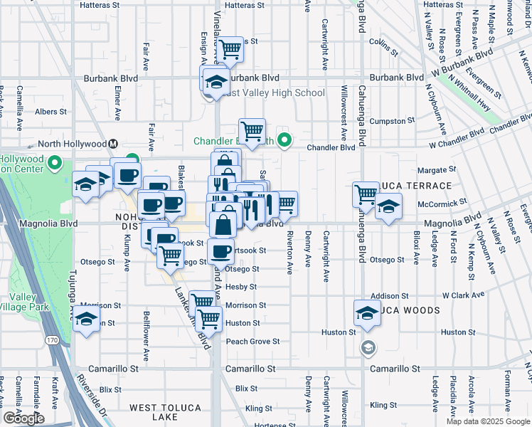 map of restaurants, bars, coffee shops, grocery stores, and more near 5217 Satsuma Avenue in Los Angeles