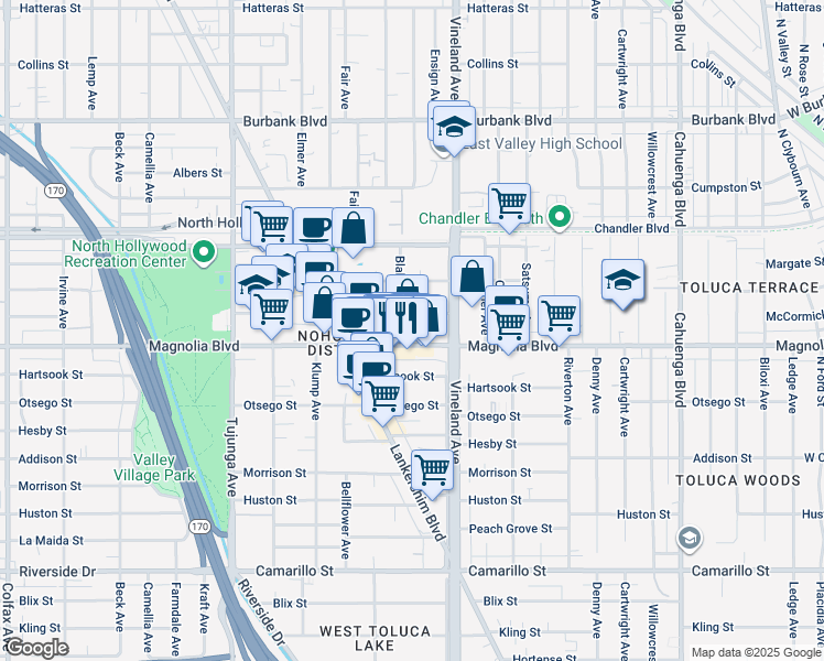 map of restaurants, bars, coffee shops, grocery stores, and more near 5220 Blakeslee Avenue in Los Angeles