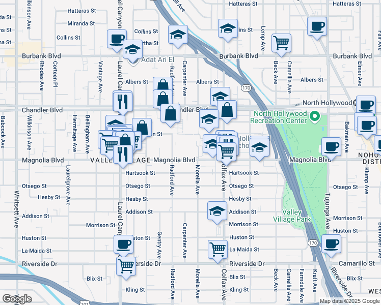 map of restaurants, bars, coffee shops, grocery stores, and more near 11815 West Magnolia Boulevard in Los Angeles