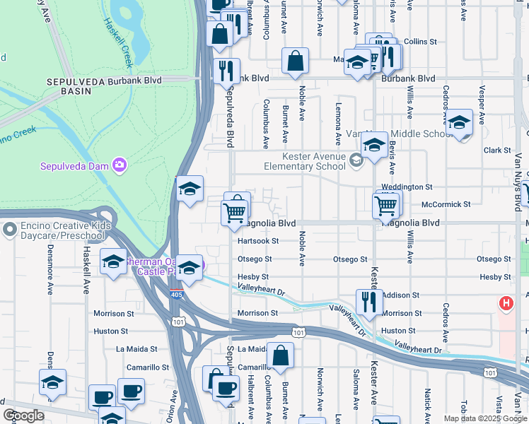 map of restaurants, bars, coffee shops, grocery stores, and more near 15149 West Magnolia Boulevard in Los Angeles