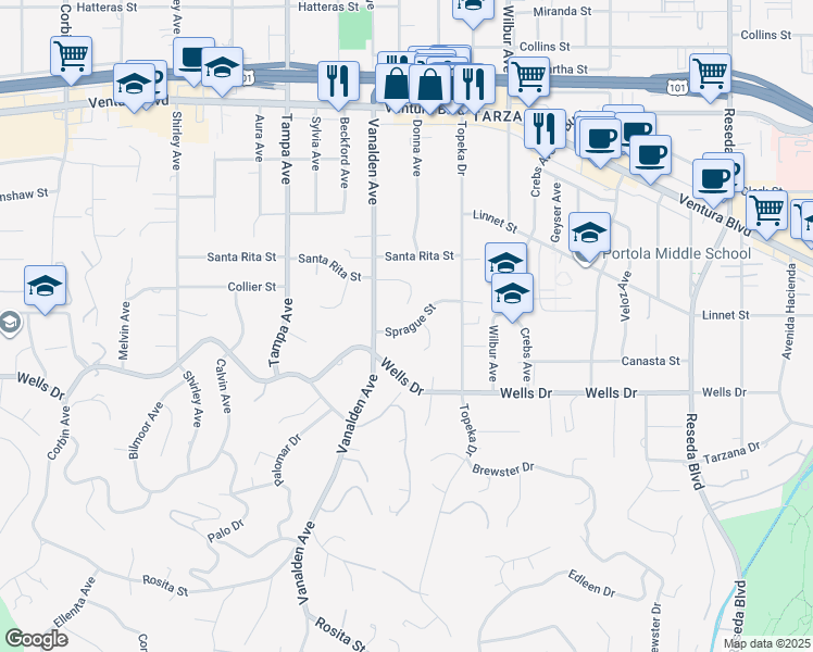 map of restaurants, bars, coffee shops, grocery stores, and more near 19111 Sprague Street in Los Angeles
