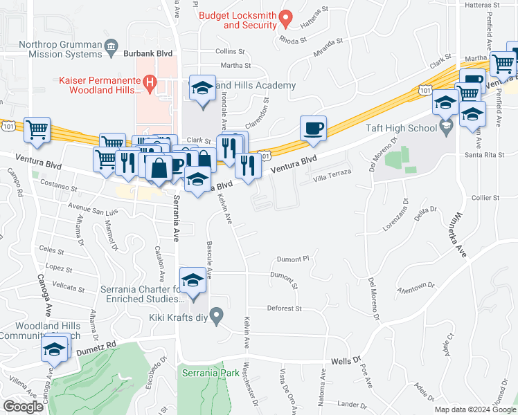 map of restaurants, bars, coffee shops, grocery stores, and more near 20720 Ventura Boulevard in Los Angeles