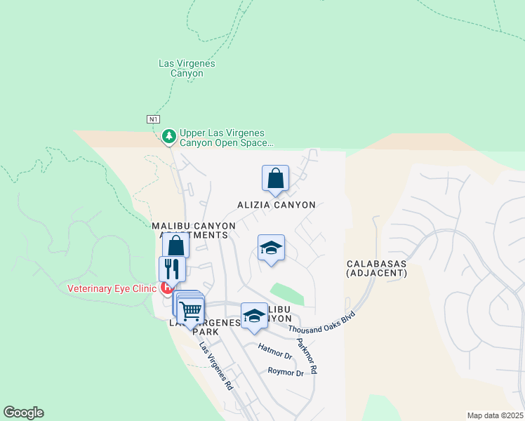 map of restaurants, bars, coffee shops, grocery stores, and more near 26128 Alizia Canyon Drive in Calabasas