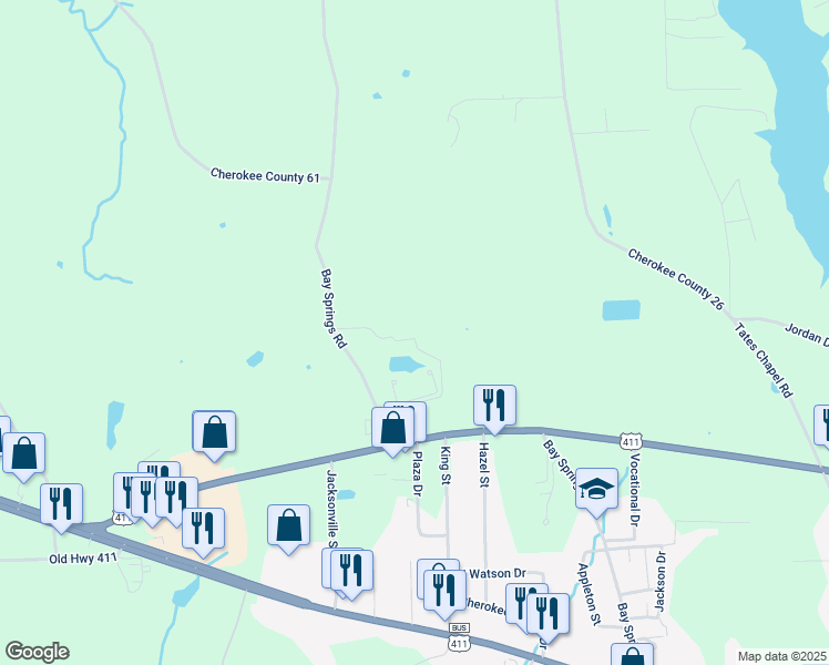 map of restaurants, bars, coffee shops, grocery stores, and more near 1206 Bay Springs Road in Centre