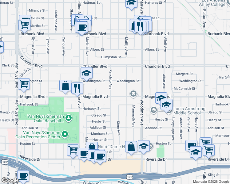 map of restaurants, bars, coffee shops, grocery stores, and more near 13845 Magnolia Boulevard in Los Angeles