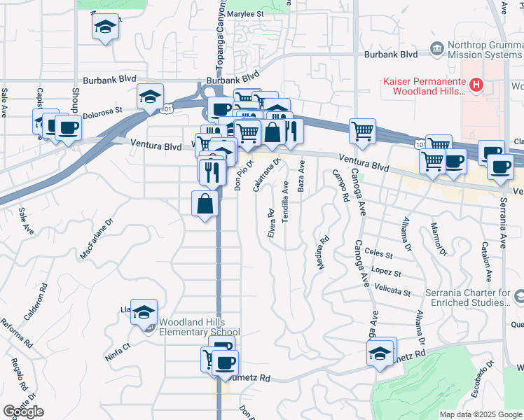 map of restaurants, bars, coffee shops, grocery stores, and more near 5264 Calatrana Drive in Los Angeles