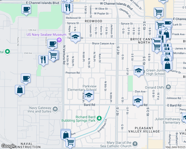 map of restaurants, bars, coffee shops, grocery stores, and more near 706 Pearson Road in Port Hueneme