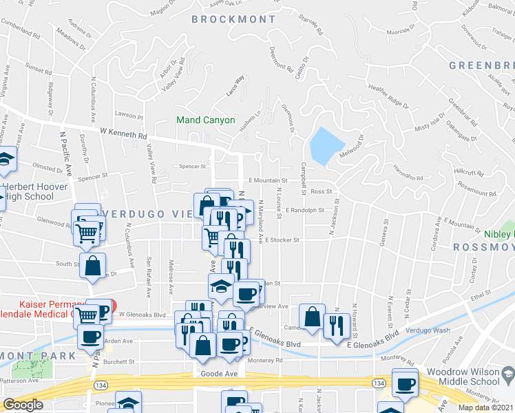 map of restaurants, bars, coffee shops, grocery stores, and more near 1301 North Maryland Avenue in Glendale