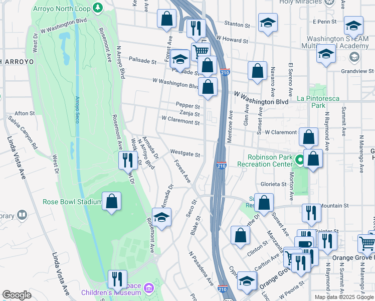map of restaurants, bars, coffee shops, grocery stores, and more near 505 Westgate Street in Pasadena
