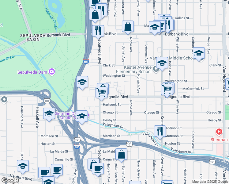 map of restaurants, bars, coffee shops, grocery stores, and more near 15207 Magnolia Boulevard in Los Angeles