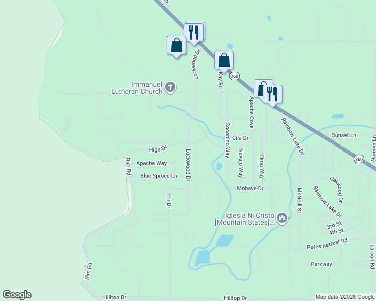 map of restaurants, bars, coffee shops, grocery stores, and more near 2724 Lockwood Drive in Navajo County