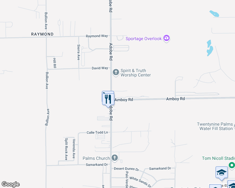 map of restaurants, bars, coffee shops, grocery stores, and more near Adobe Road in Twentynine Palms