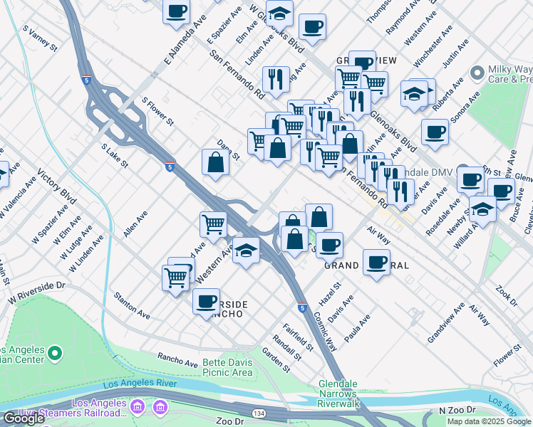 map of restaurants, bars, coffee shops, grocery stores, and more near 1635 Flower St in Glendale