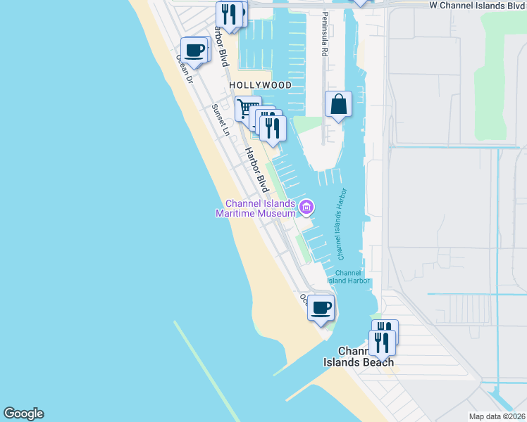 map of restaurants, bars, coffee shops, grocery stores, and more near 3525 Sunset Lane in Oxnard