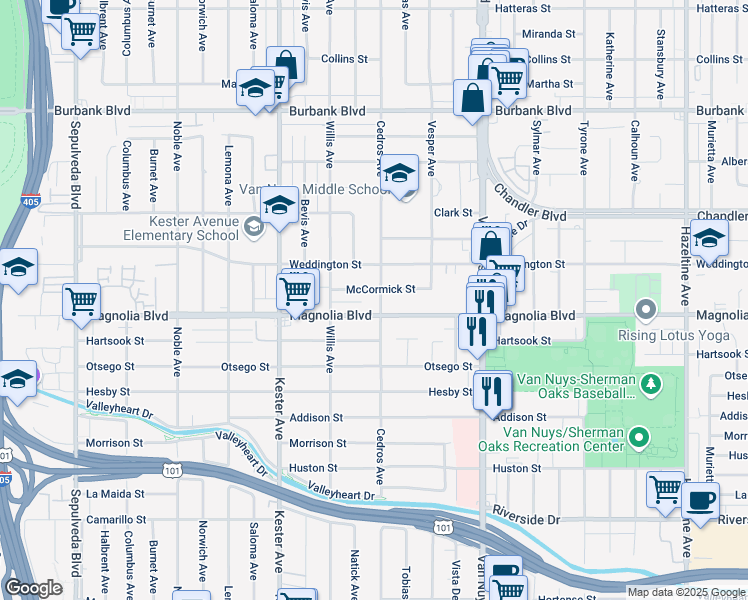 map of restaurants, bars, coffee shops, grocery stores, and more near 5219 Cedros Avenue in Los Angeles