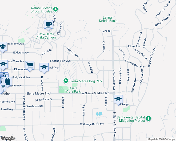 map of restaurants, bars, coffee shops, grocery stores, and more near 1816 Anita Crest Drive in Arcadia