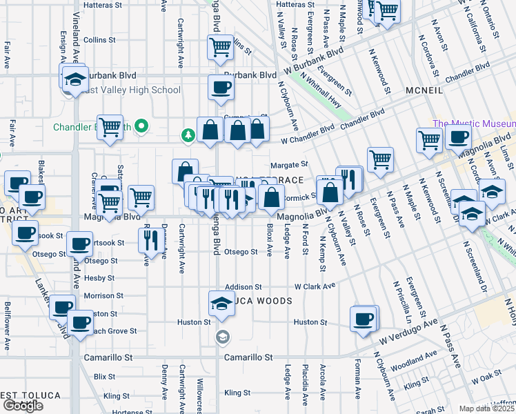 map of restaurants, bars, coffee shops, grocery stores, and more near 5214 Strohm Avenue in Los Angeles
