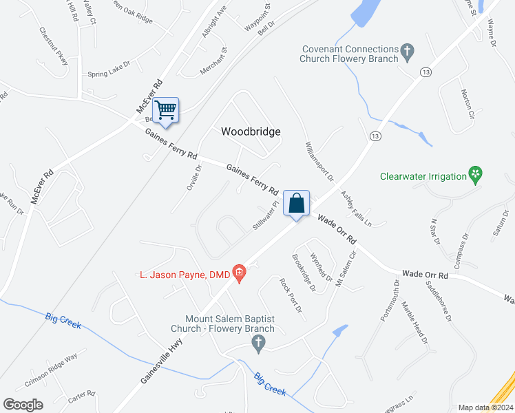 map of restaurants, bars, coffee shops, grocery stores, and more near 6104 Stillwater Court in Flowery Branch