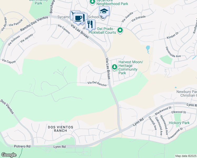 map of restaurants, bars, coffee shops, grocery stores, and more near 683 Via Madera in Thousand Oaks