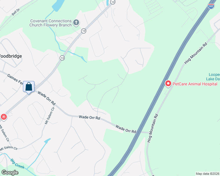 map of restaurants, bars, coffee shops, grocery stores, and more near 6219 Compass Drive in Flowery Branch