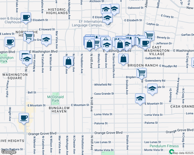 map of restaurants, bars, coffee shops, grocery stores, and more near 1121 Wesley Avenue in Pasadena